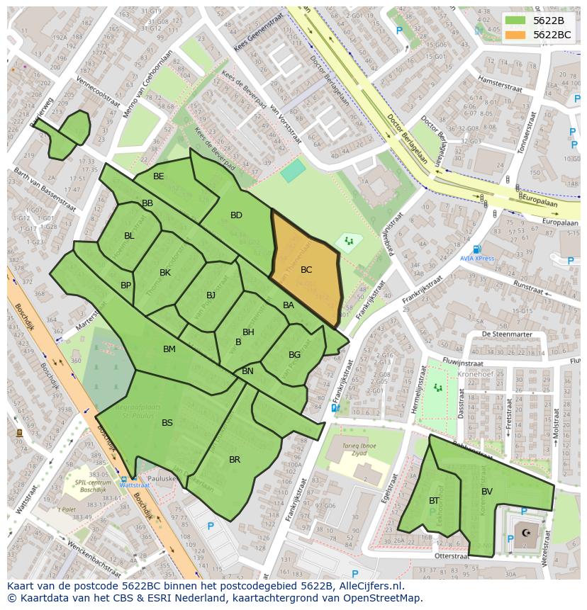 Afbeelding van het postcodegebied 5622 BC op de kaart.