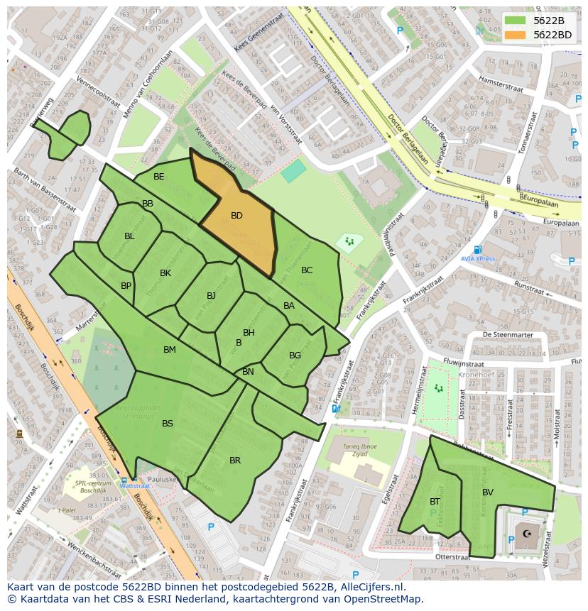 Afbeelding van het postcodegebied 5622 BD op de kaart.