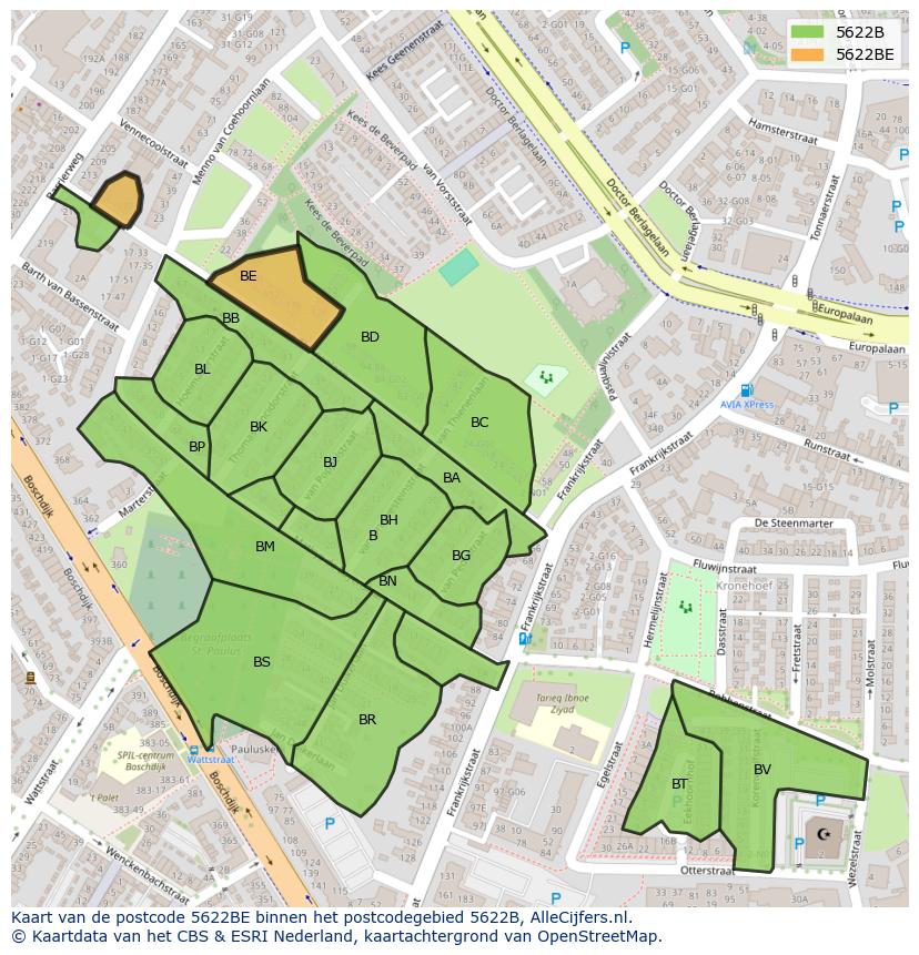 Afbeelding van het postcodegebied 5622 BE op de kaart.
