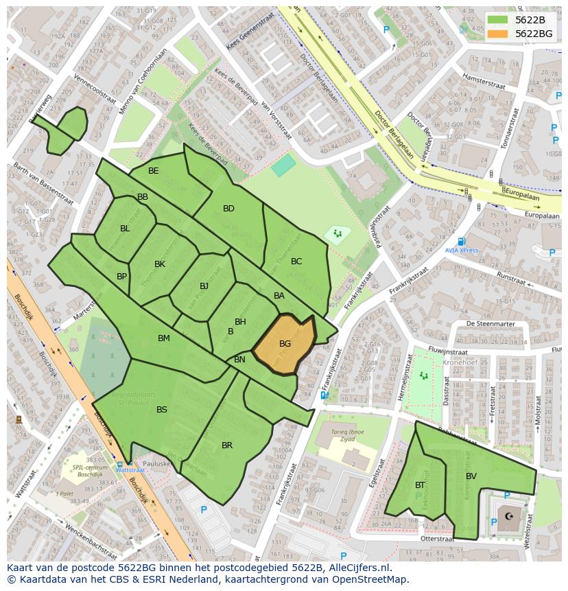 Afbeelding van het postcodegebied 5622 BG op de kaart.