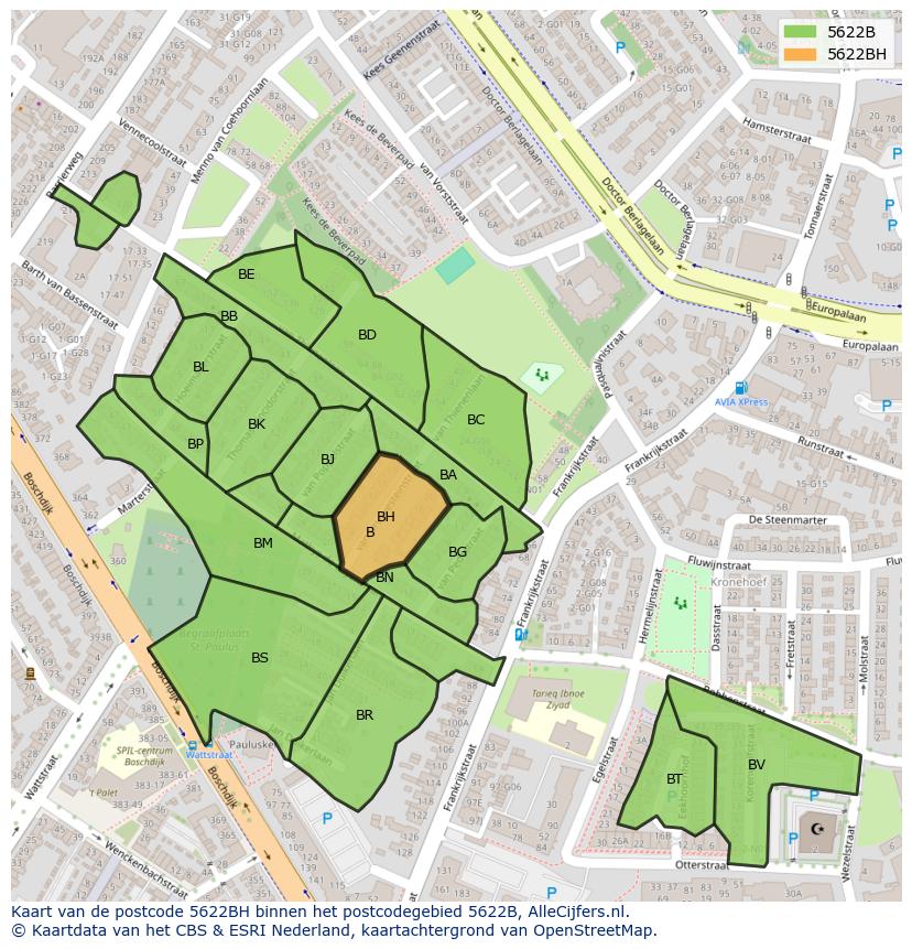 Afbeelding van het postcodegebied 5622 BH op de kaart.