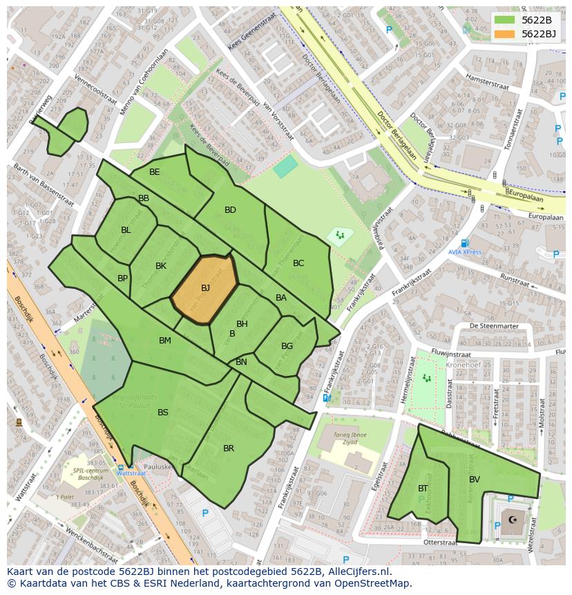 Afbeelding van het postcodegebied 5622 BJ op de kaart.