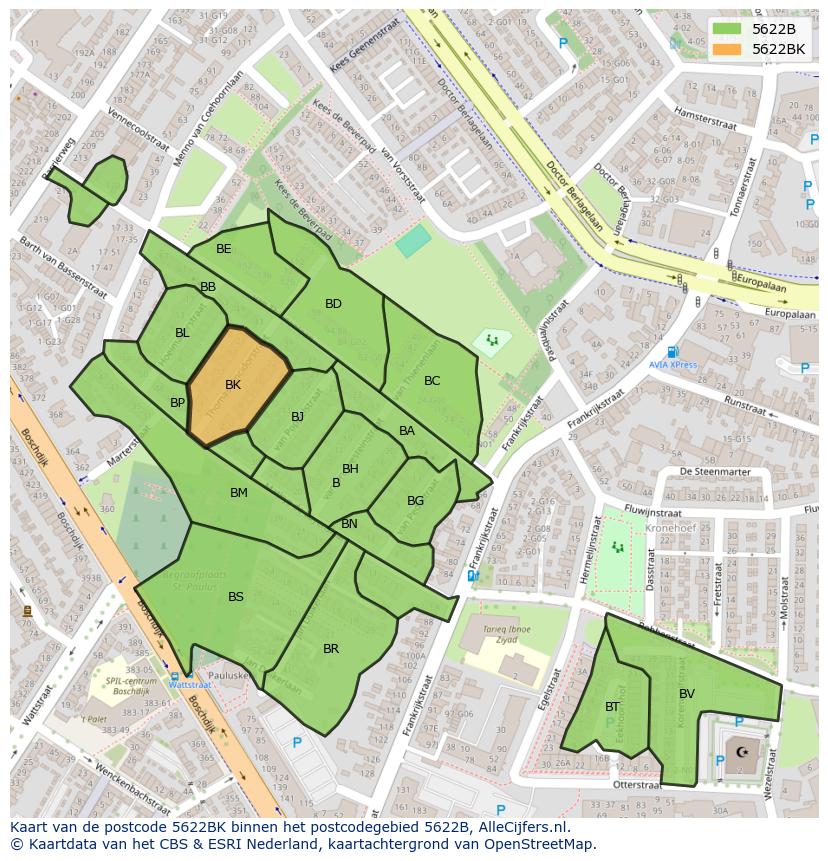 Afbeelding van het postcodegebied 5622 BK op de kaart.