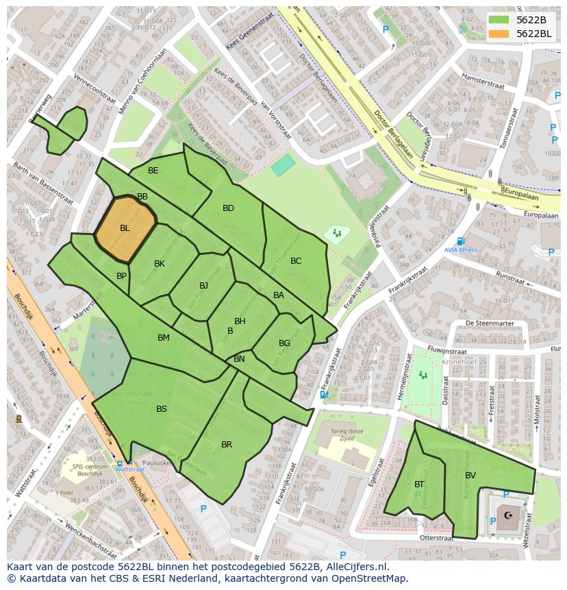 Afbeelding van het postcodegebied 5622 BL op de kaart.