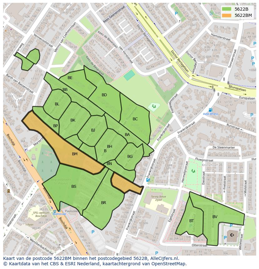 Afbeelding van het postcodegebied 5622 BM op de kaart.