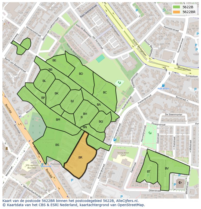Afbeelding van het postcodegebied 5622 BR op de kaart.