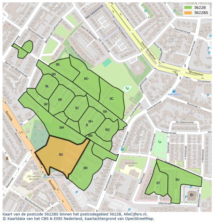 Afbeelding van het postcodegebied 5622 BS op de kaart.