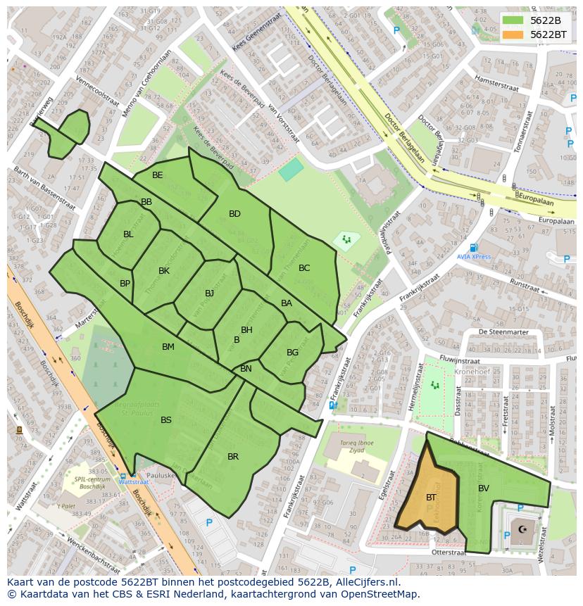Afbeelding van het postcodegebied 5622 BT op de kaart.