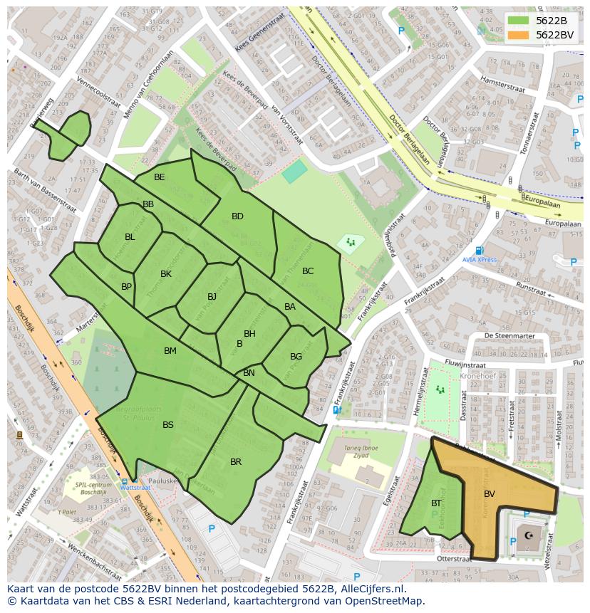 Afbeelding van het postcodegebied 5622 BV op de kaart.