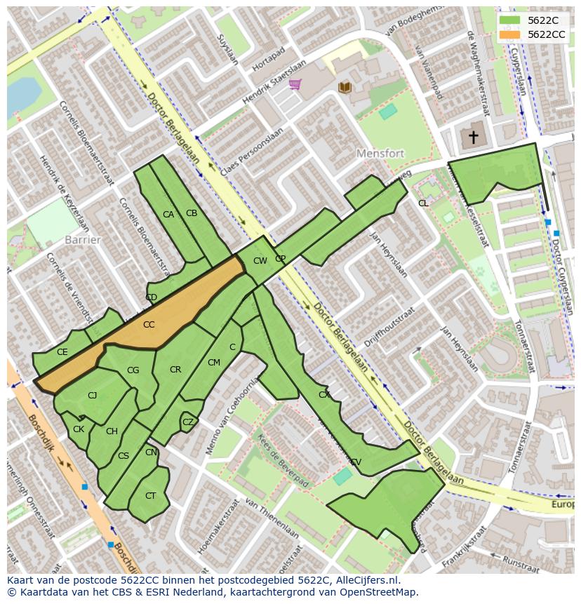 Afbeelding van het postcodegebied 5622 CC op de kaart.