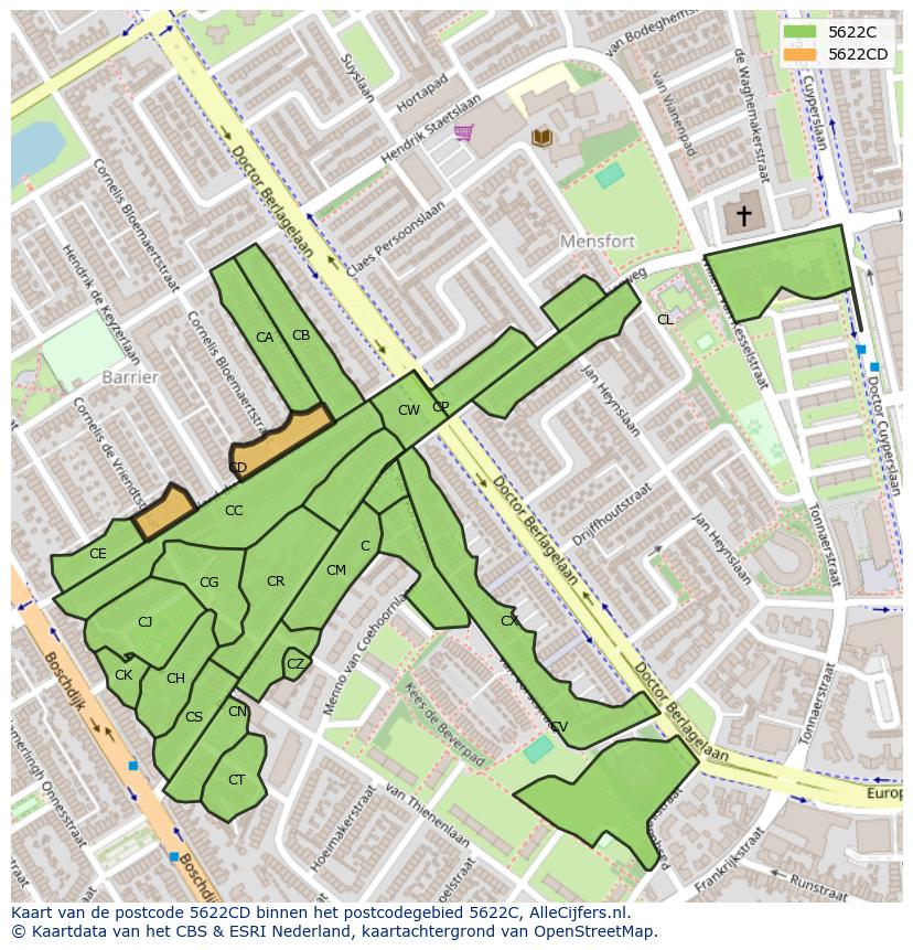 Afbeelding van het postcodegebied 5622 CD op de kaart.