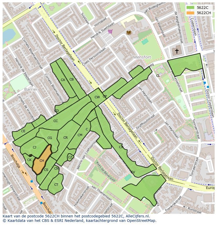 Afbeelding van het postcodegebied 5622 CH op de kaart.