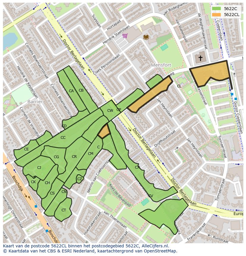 Afbeelding van het postcodegebied 5622 CL op de kaart.