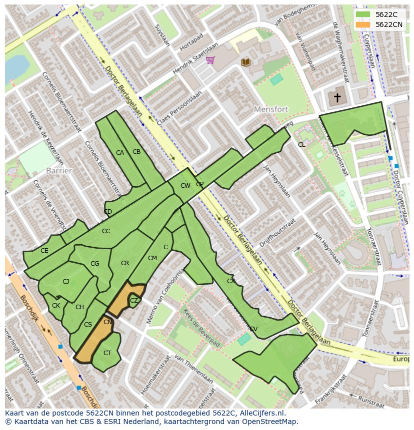 Afbeelding van het postcodegebied 5622 CN op de kaart.