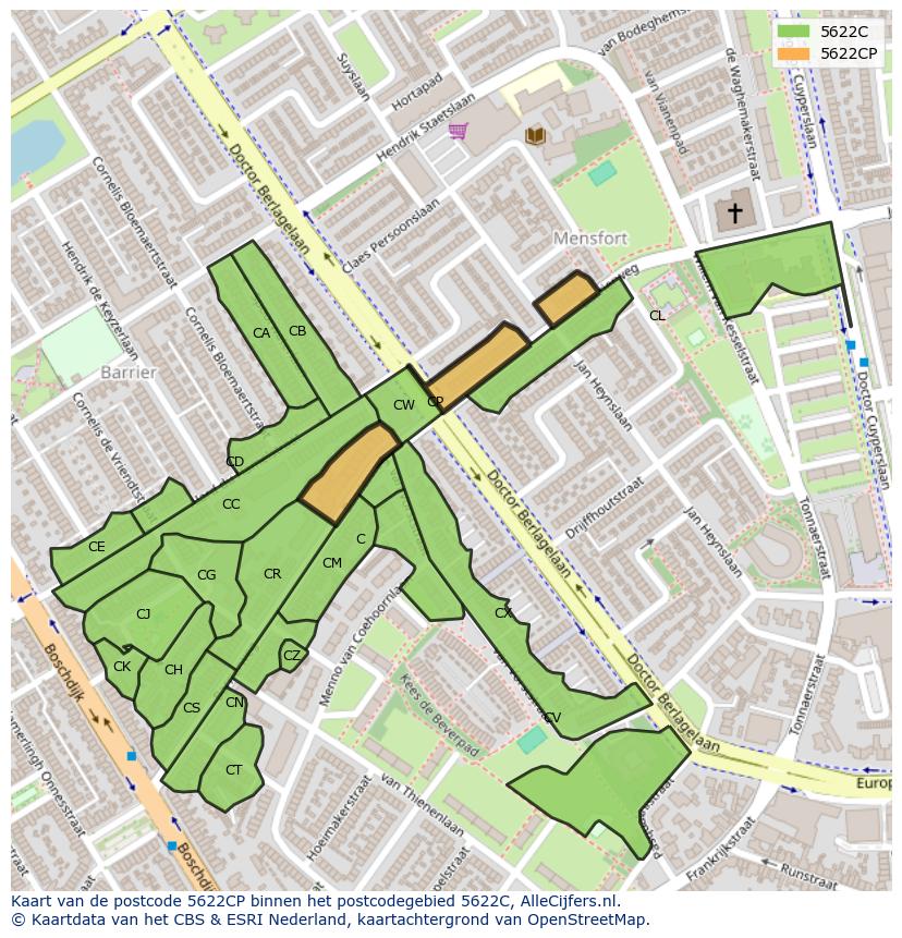 Afbeelding van het postcodegebied 5622 CP op de kaart.