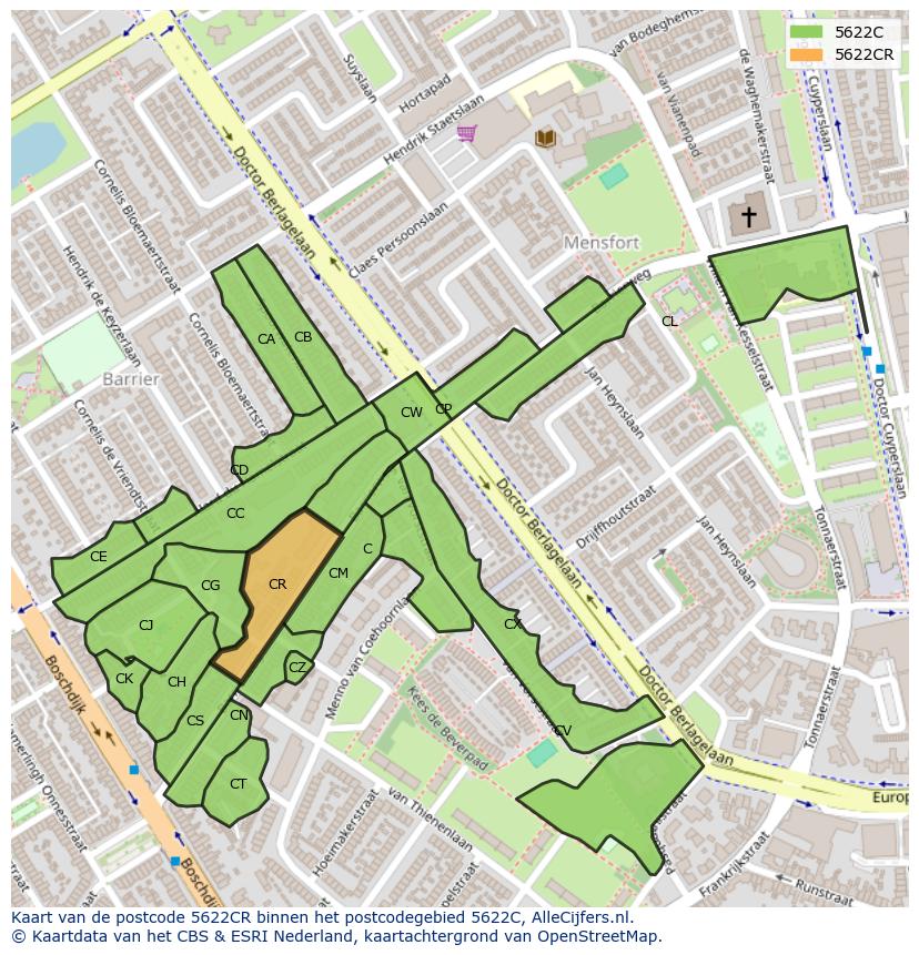 Afbeelding van het postcodegebied 5622 CR op de kaart.