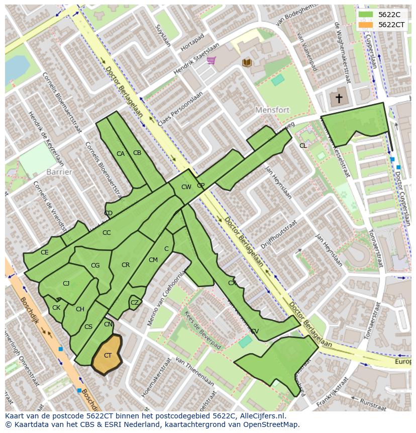 Afbeelding van het postcodegebied 5622 CT op de kaart.