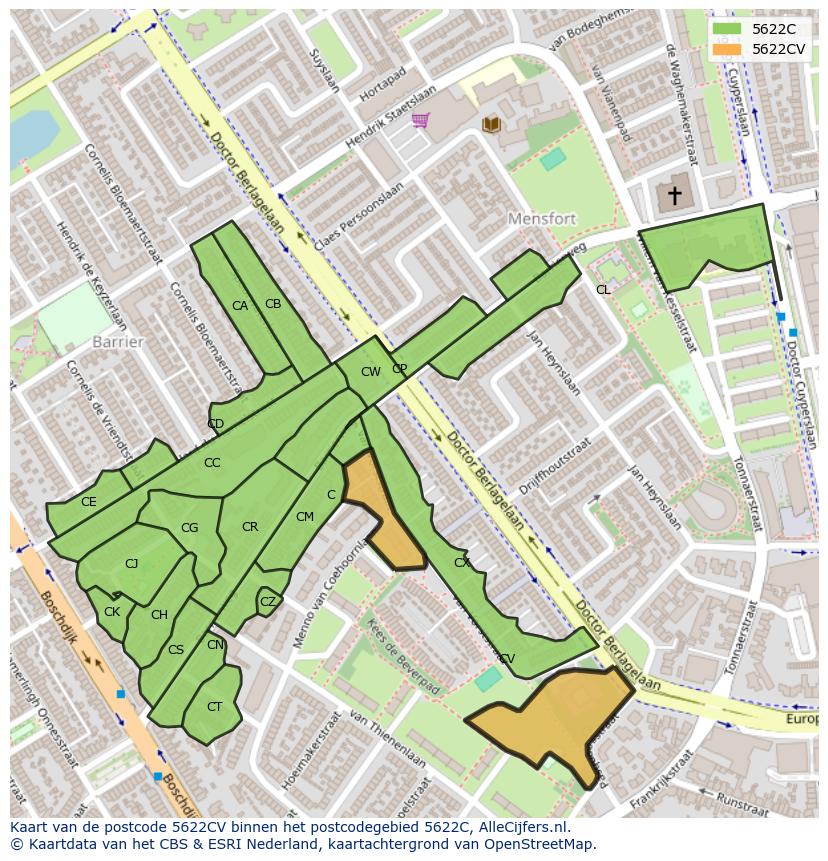 Afbeelding van het postcodegebied 5622 CV op de kaart.