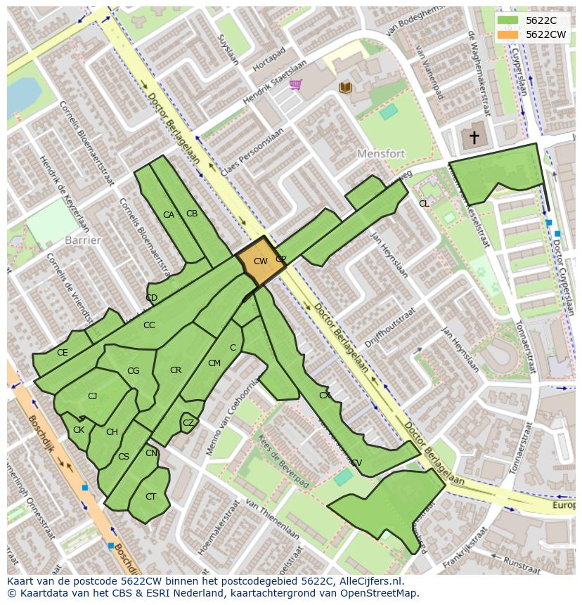 Afbeelding van het postcodegebied 5622 CW op de kaart.
