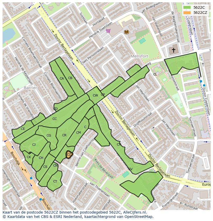 Afbeelding van het postcodegebied 5622 CZ op de kaart.
