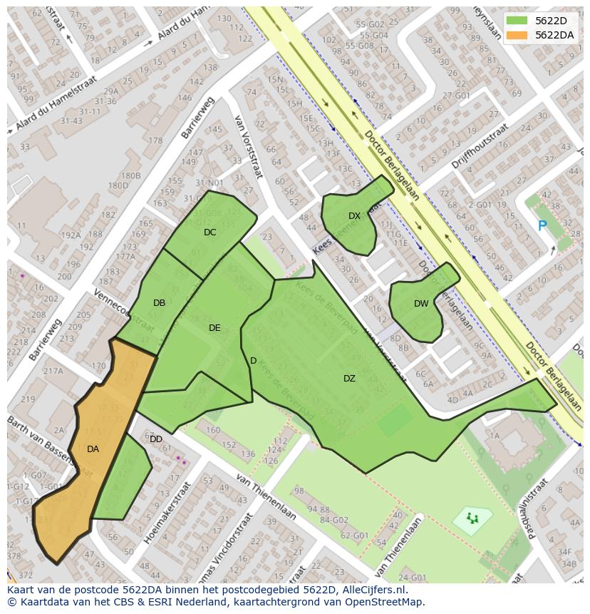 Afbeelding van het postcodegebied 5622 DA op de kaart.