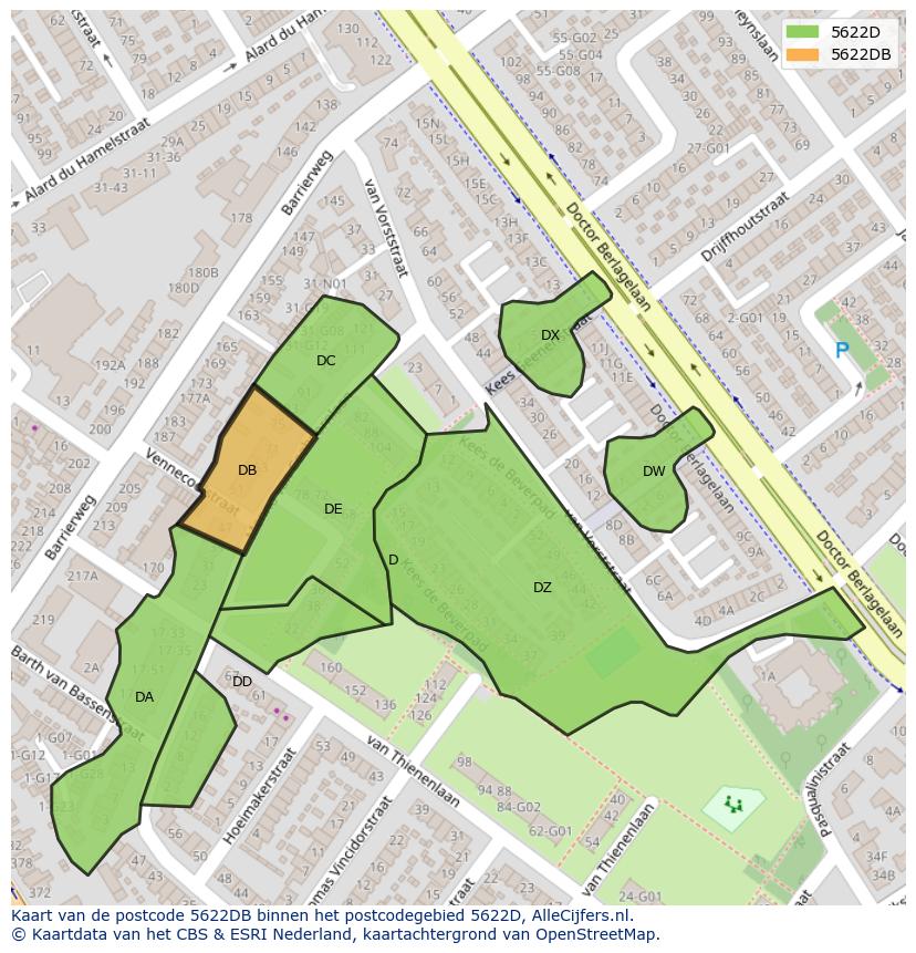 Afbeelding van het postcodegebied 5622 DB op de kaart.