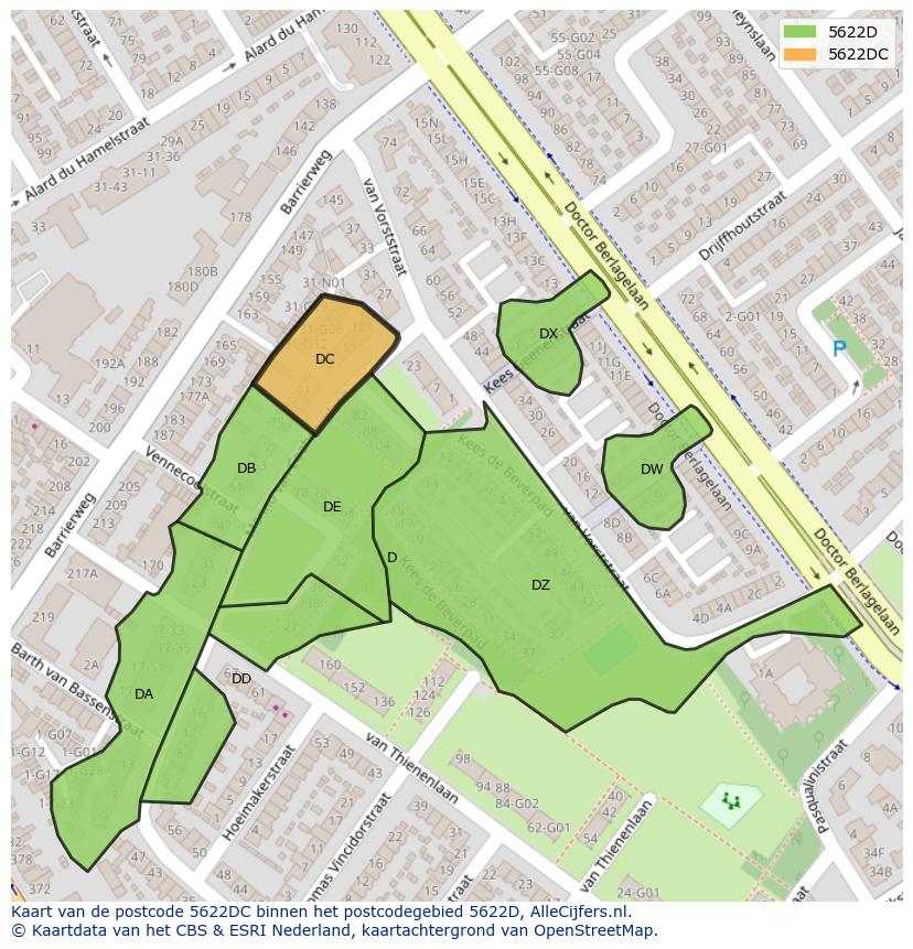 Afbeelding van het postcodegebied 5622 DC op de kaart.