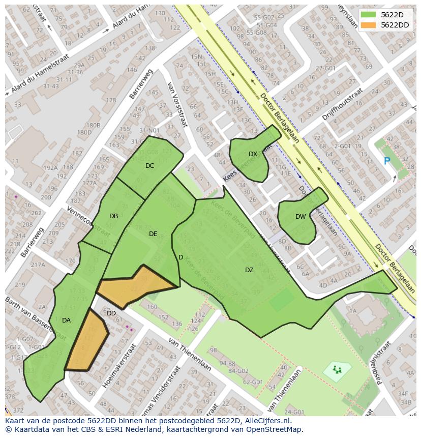 Afbeelding van het postcodegebied 5622 DD op de kaart.