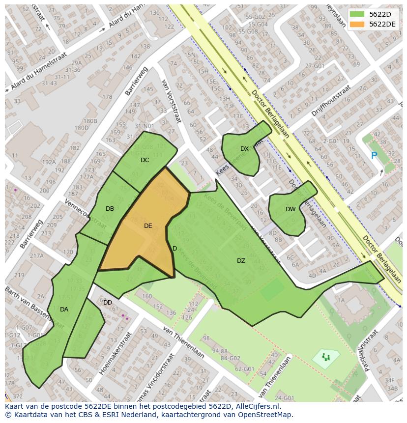 Afbeelding van het postcodegebied 5622 DE op de kaart.