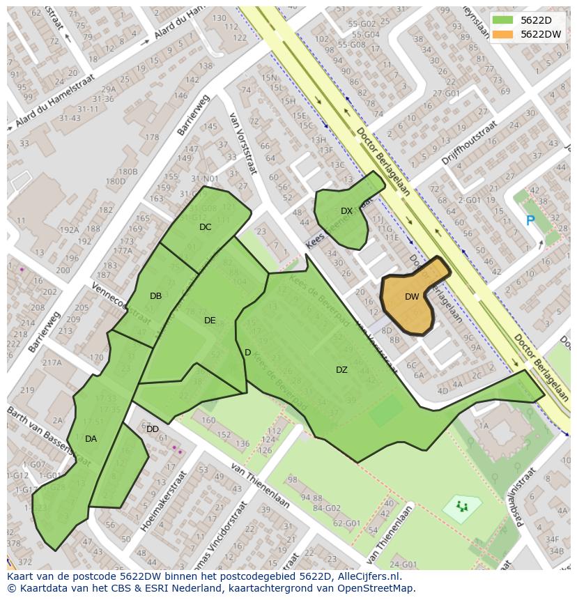 Afbeelding van het postcodegebied 5622 DW op de kaart.