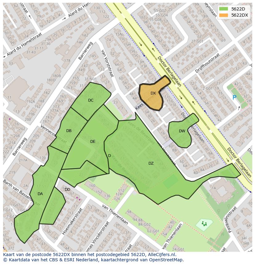 Afbeelding van het postcodegebied 5622 DX op de kaart.