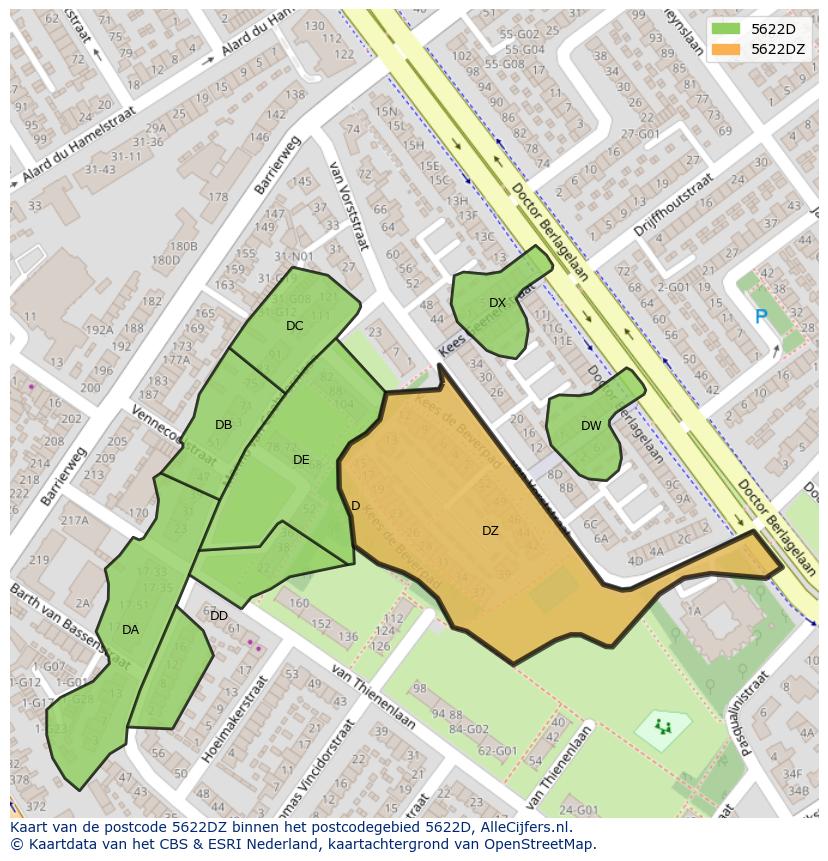 Afbeelding van het postcodegebied 5622 DZ op de kaart.