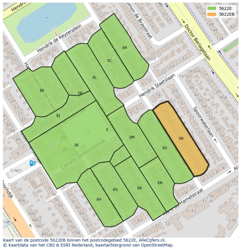 Afbeelding van het postcodegebied 5622 EB op de kaart.