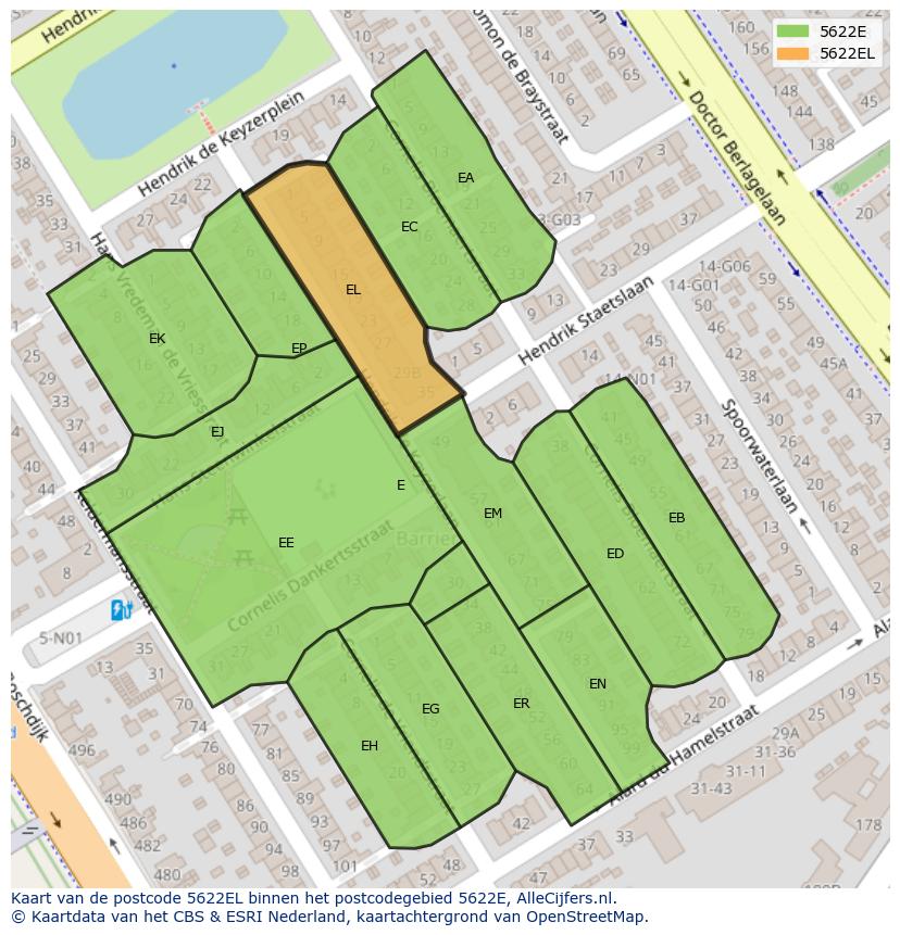 Afbeelding van het postcodegebied 5622 EL op de kaart.