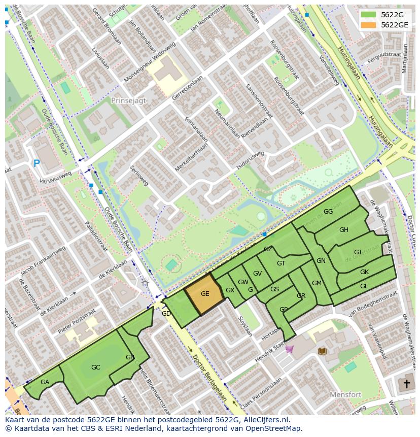 Afbeelding van het postcodegebied 5622 GE op de kaart.