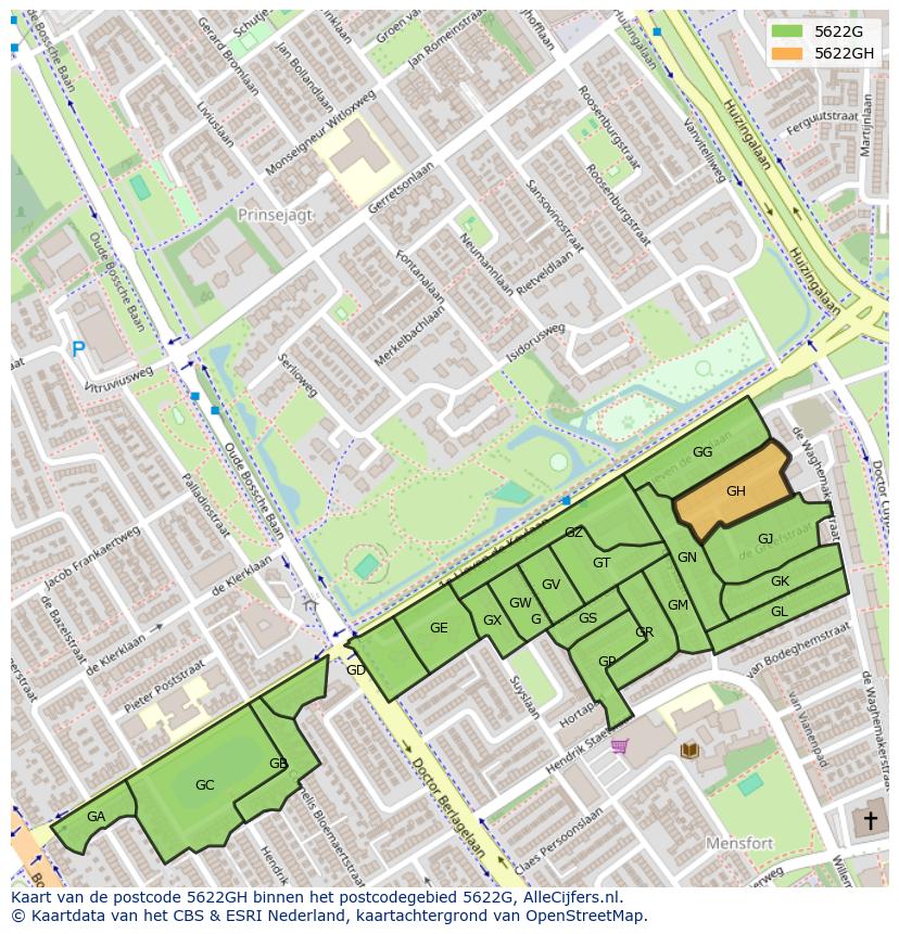 Afbeelding van het postcodegebied 5622 GH op de kaart.