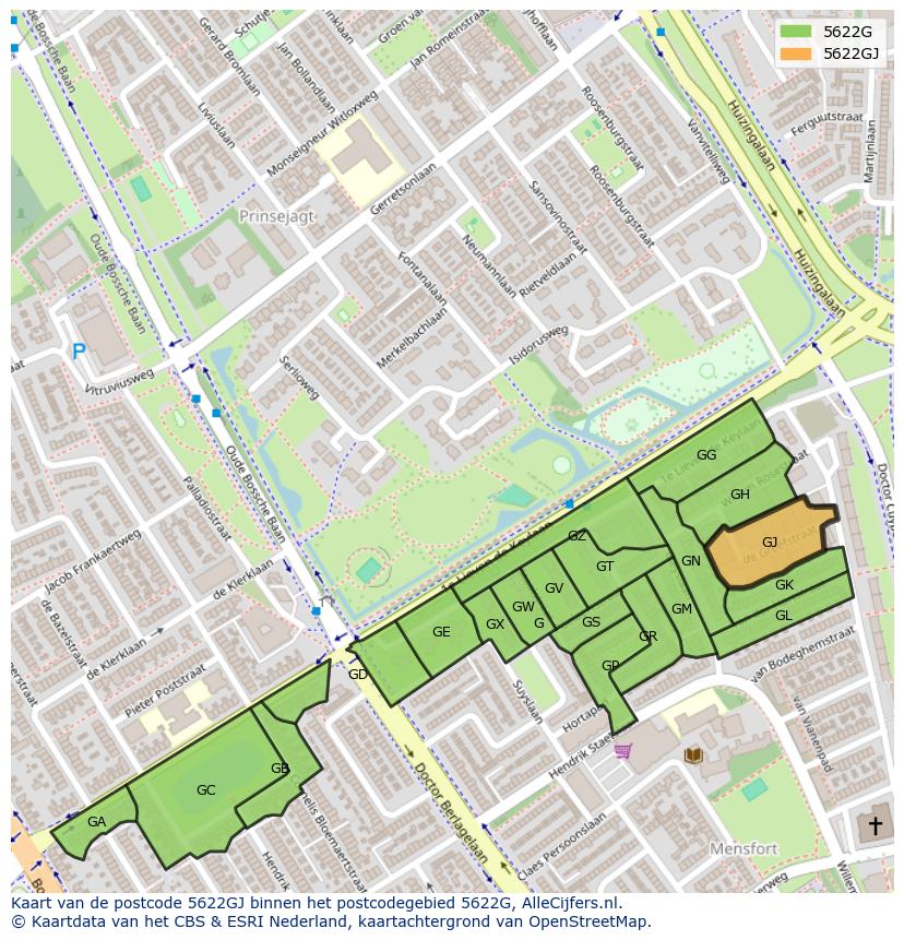 Afbeelding van het postcodegebied 5622 GJ op de kaart.