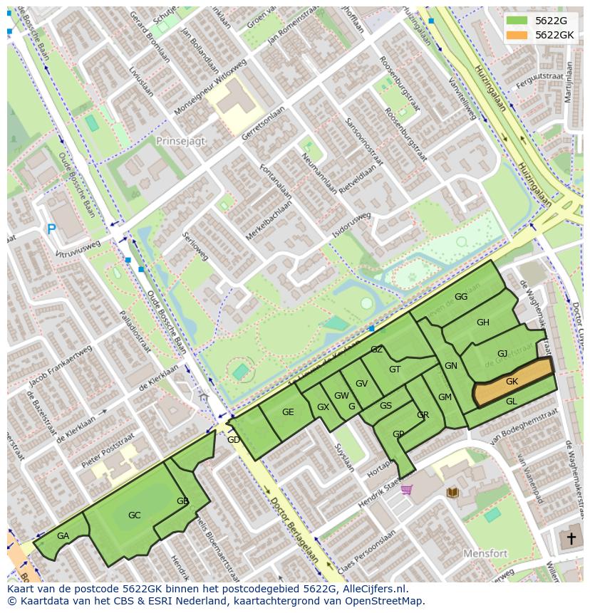 Afbeelding van het postcodegebied 5622 GK op de kaart.