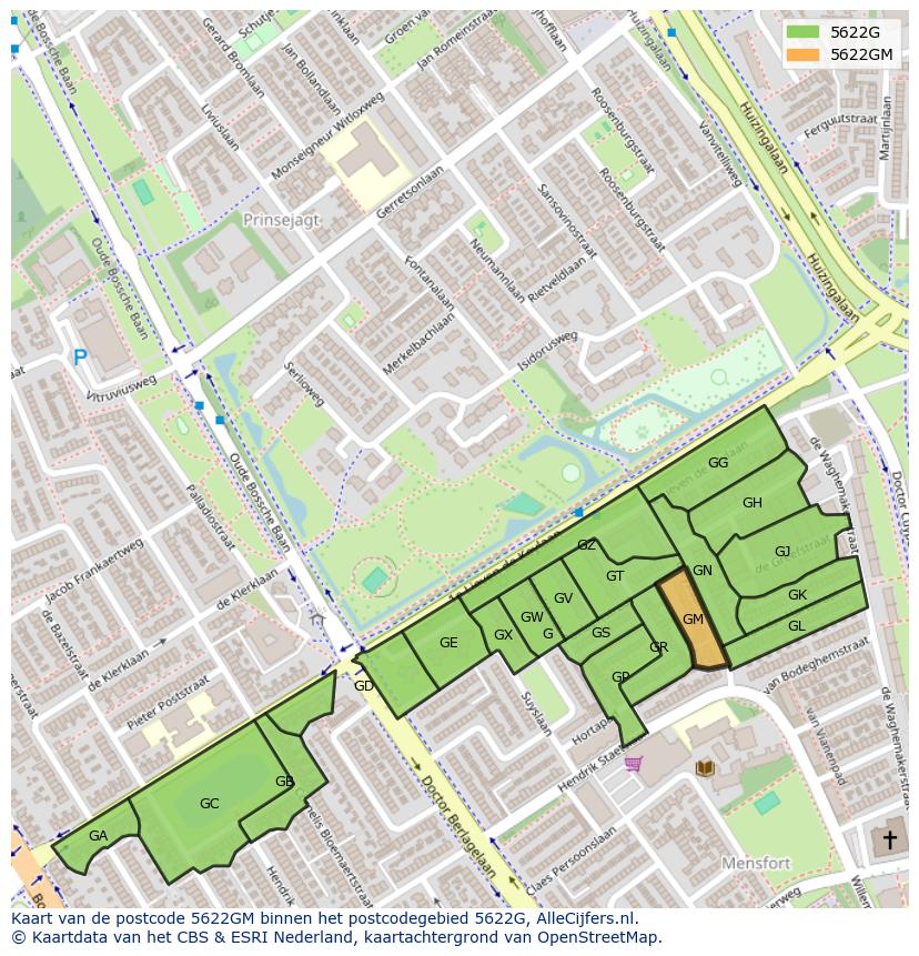 Afbeelding van het postcodegebied 5622 GM op de kaart.