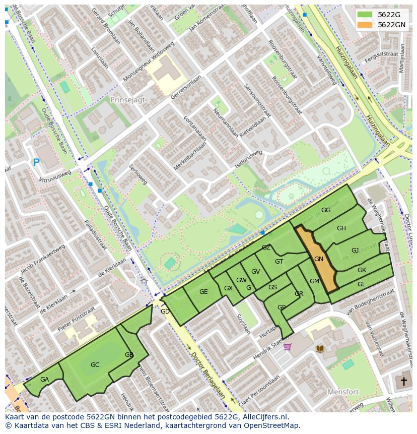 Afbeelding van het postcodegebied 5622 GN op de kaart.