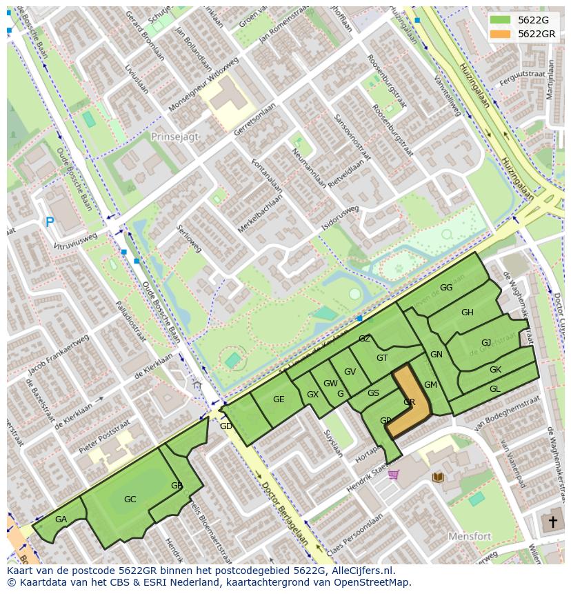 Afbeelding van het postcodegebied 5622 GR op de kaart.