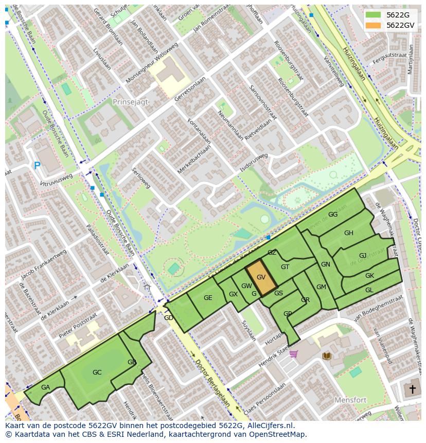 Afbeelding van het postcodegebied 5622 GV op de kaart.