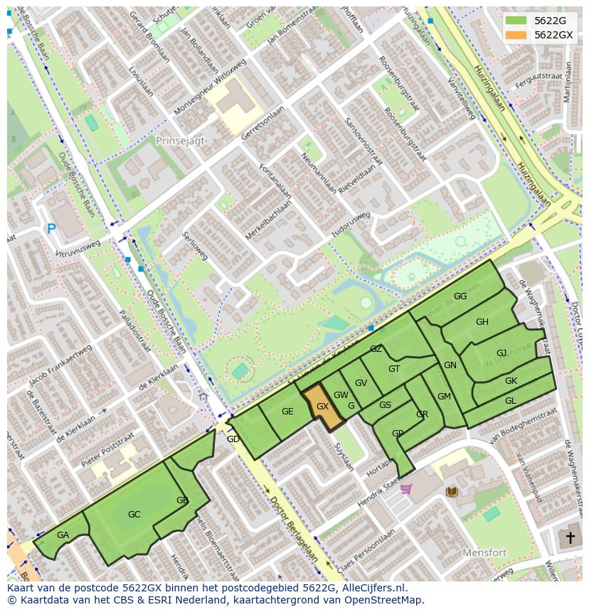 Afbeelding van het postcodegebied 5622 GX op de kaart.