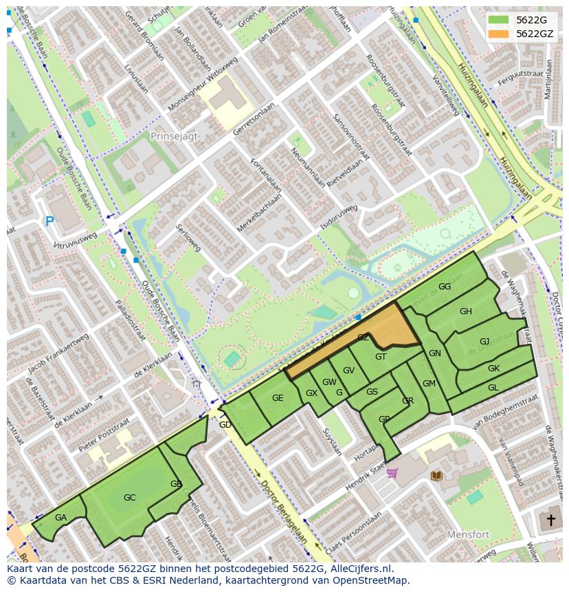 Afbeelding van het postcodegebied 5622 GZ op de kaart.