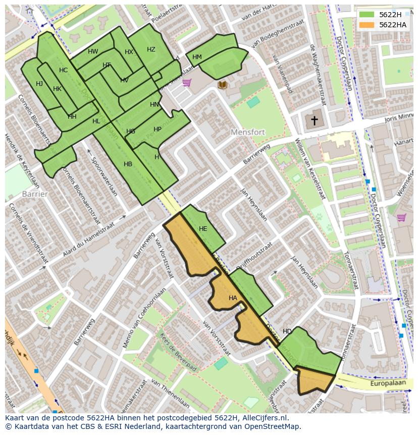 Afbeelding van het postcodegebied 5622 HA op de kaart.