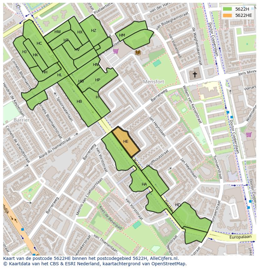 Afbeelding van het postcodegebied 5622 HE op de kaart.