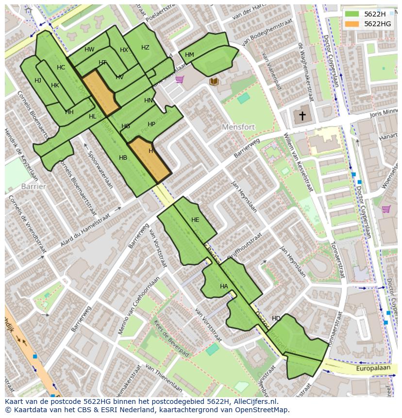 Afbeelding van het postcodegebied 5622 HG op de kaart.