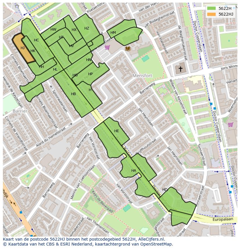Afbeelding van het postcodegebied 5622 HJ op de kaart.