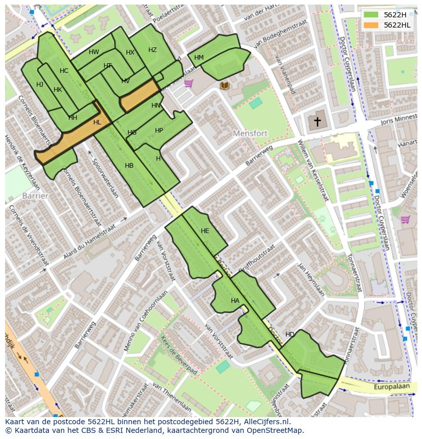 Afbeelding van het postcodegebied 5622 HL op de kaart.