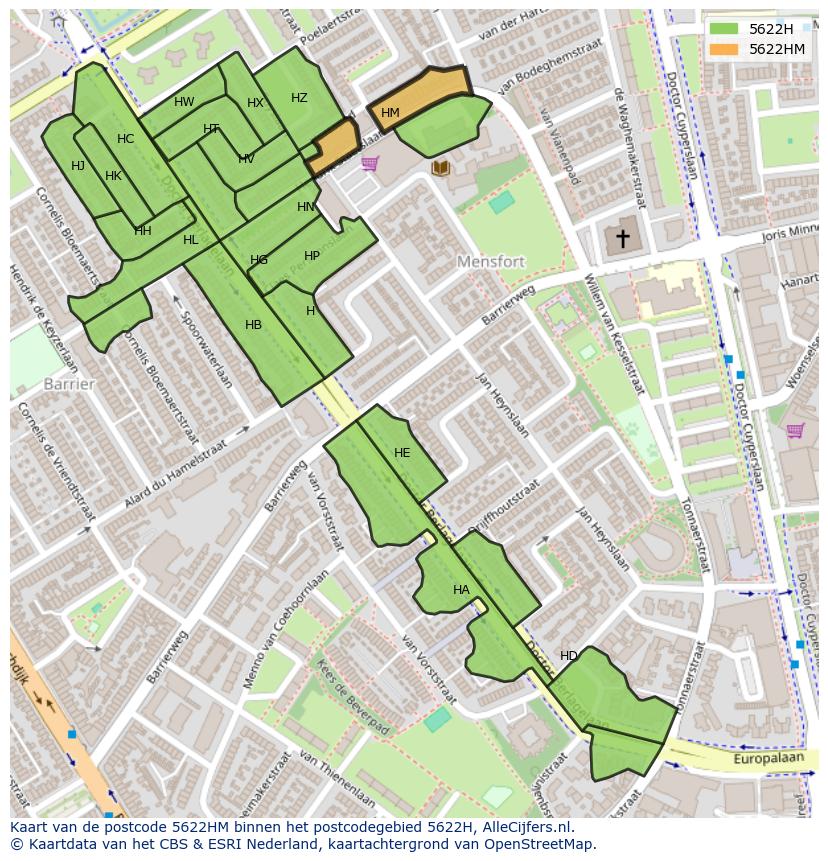 Afbeelding van het postcodegebied 5622 HM op de kaart.